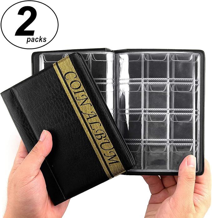 2 Pack of 120 Pockets Coin Album, 4.4 x 6.1 Handy Souvenir Penny Book, Coins Collection Holder for Pennies Collecting Passport, Hobby Coin Collector, Money Specie Display Storage Case (Black)