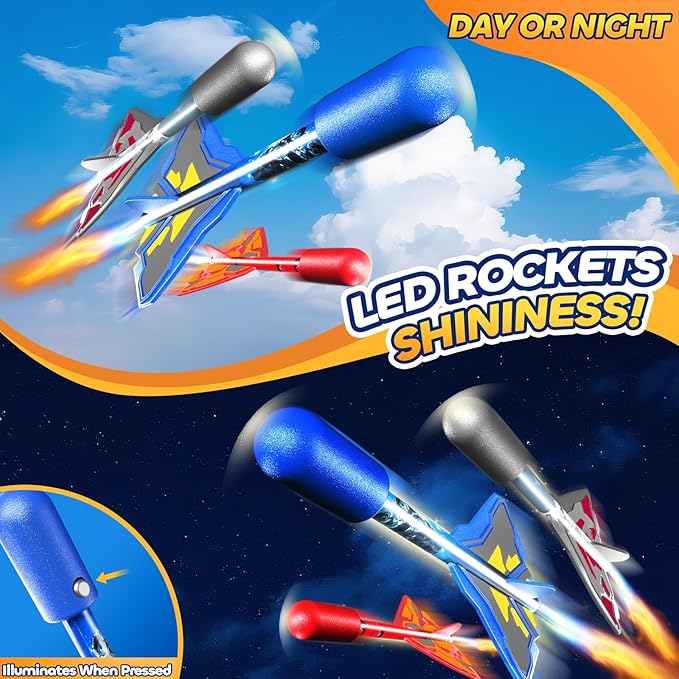 Rocket Launcher for Kids with 8 LED Airplane Rockets and 2 Tank Launcher, Outdoor Toys for Toddlers, Rockets for Kids Age 4-8, 2 3 4 5 Year Old Boy Birthday Gift, Launching up to 120+ Feet