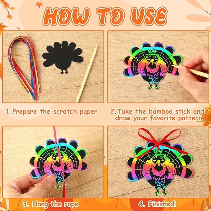 AUGSUN 96Pcs Thanksgiving Fall Crafts, Magic Rainbow Scratch Paper Art Cute Turkey Crafts Activity Gifts Autumn Harvest Thanksgiving Party Favors