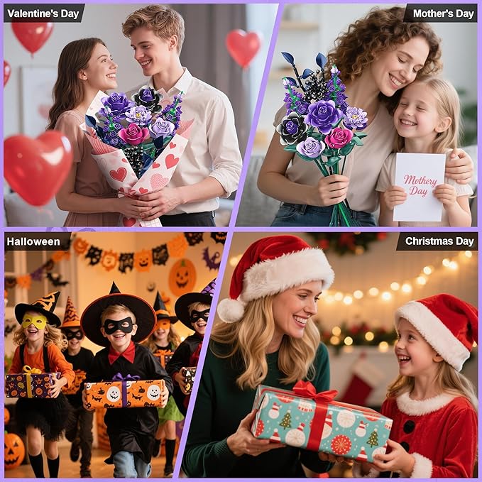 Purple Rose Building Blocks Set for Kids, 701PCS Flower Bouquet Toy, DIY Artificial Plant Gift for Girls, Women, Valentine's Day, Birthday, Mother's Day, Halloween Home Decor