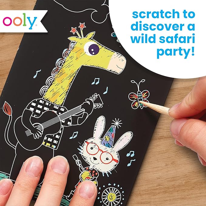 Ooly Mini Scratch & Scribble Art Kit - 6 Card Rainbow Scratch Art Set Gifts for Kids, Travel-Friendly Craft Kit, Scratching Tool Included - Safari Party