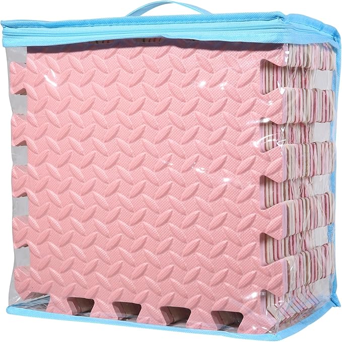 Foam Play Mat for Baby, 0.4 Inch Thick Foam Interlocking Floor Mats, Soft Non-Toxic Baby Playmat, Solid Colored Puzzle Play Mat Kids Floor Mats, 16 Tiles, Beige/Loli Pink
