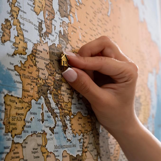 Canvas World Map with Cork Pin Board - English Lettering - Decorative Wall Decoration for All Rooms - Canvas Pictures with World Map Motif (150x100 cm, Pattern 15)