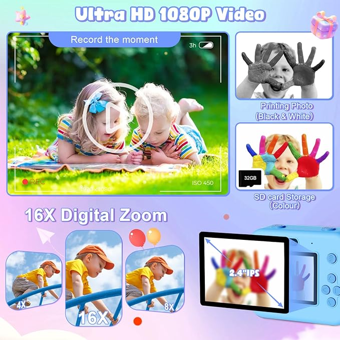 Kids Camera Instant Print - 1080P HD Video Digital Camera for Toddler with Printing Photo Paper, Portable Toy for 4 5 6 7 8 9 10 Years Old, Christmas Birthday Gifts for Boys Girls (Blue)