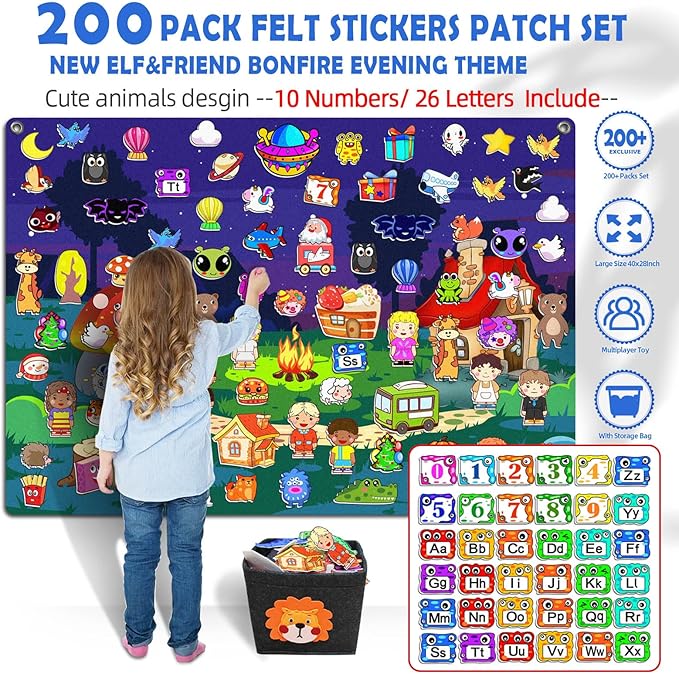 200Pcs Felt Story Board Set with Storage Bag Preschool Teaching Wall Flannel Busy Board Bonfire Party Themed Early Learning Interactive Play Toys Wall Hanging Gift for Toddlers Kids 40 X 28 Inch