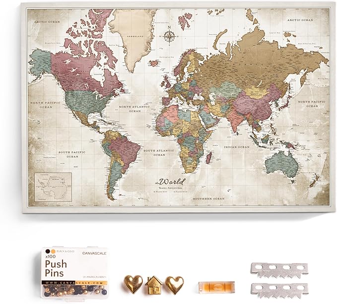 Canvas World Map with Cork Pin Board - English Lettering - Decorative Wall Decoration for All Rooms - Canvas Pictures with World Map Motif (150x100 cm, Pattern 20)