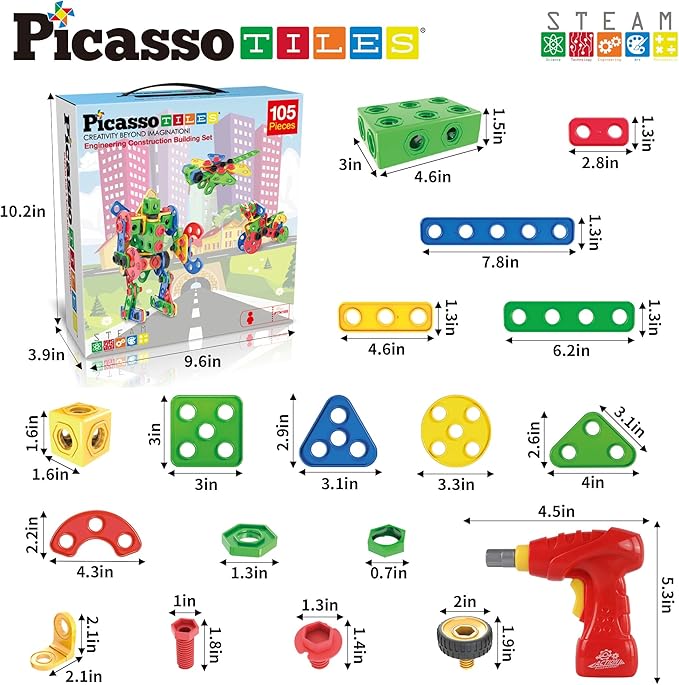 PicassoTiles STEM Learning Toys 105 Piece Building Block Set Kids Construction Engineering Kit Toy Blocks Children Early Education Playset w/IdeaBook, Power Drill, Clickable Ratchet, Age 3+ PTN105
