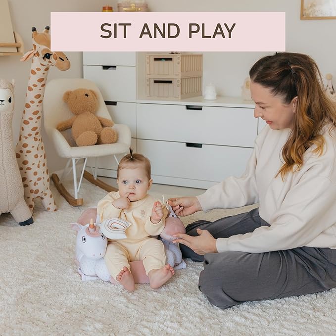 2-in-1 Tummy Time Mat and Seated Support with Two Toys – for Newborns and Babies – Includes Detachable Cushion for Supervised Play & Head/Neck Development (Blush)