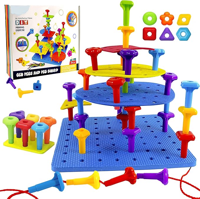 Counting Peg Board for Kids - Toddler Stacking Toys - 65 Pcs DIY Building Set Large Foam Board & Occupational Therapy Toys, Color Sorting & Lacing Toy , Montessori Tools, Peg Puzzles for Toddlers 1-3