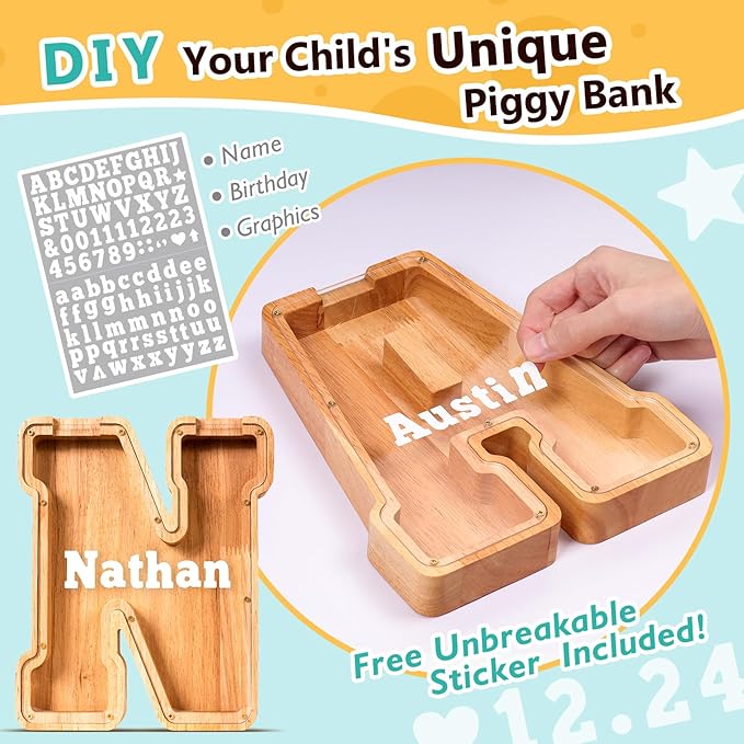SummiDate Wooden Letter Piggy Bank| Piggy Bank for Boys Girls Toddler| Alphabet N Money Bank| Coin Bank Birthday Gift for Kids|Birthday Gift for Kids (N)