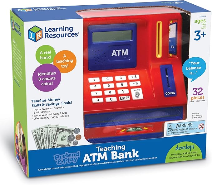 Learning Resources Teaching ATM Bank - 32 Pieces, Ages 3+ Toddler Learning Toys, Cash Register for Kids, Play Money for Kids