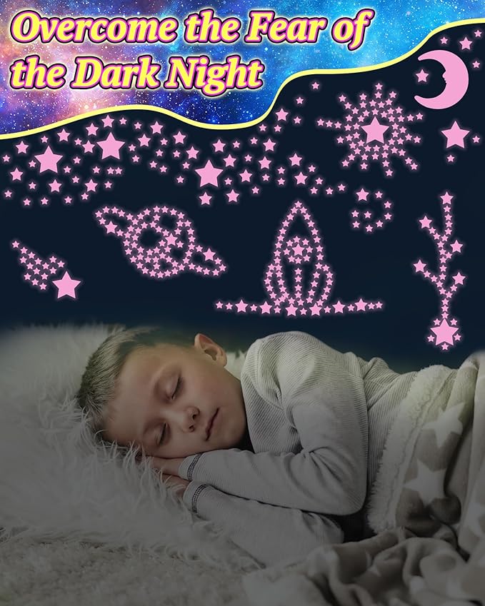 201 Pcs Glow in The Dark Stars Stickers for Ceiling, Toddler Stocking Stuffers Wall Room Decor Gifts, Luminous 3D Glowing Stars Easter Basket Stuffers for Kids Boys Girls - Pink