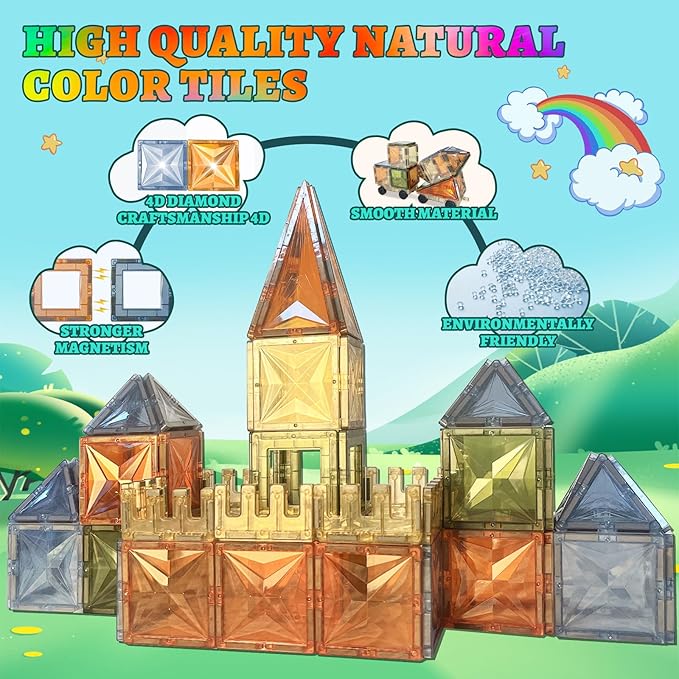 100PCS Magnetic Tiles Montessori Toys Magnetic Blocks Kids Games STEM Classroom Educational Learning Sensory Magnet Natural Toy for Toddler Boys Girls 3+ Year Old with 2 Cars
