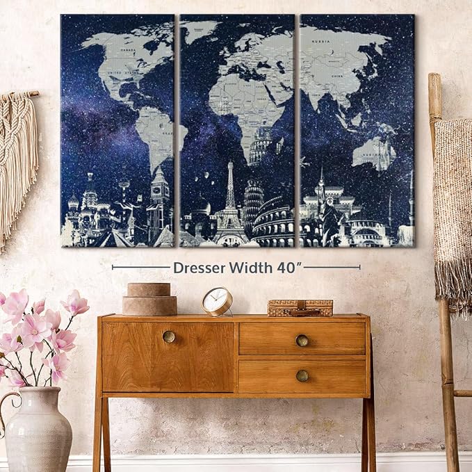 ElephantStock Starry World Map Multi Piece Canvas - 3 Panel Wall Decor - Map of the World Art - Canvas for the Office and Home - 57" X 36"