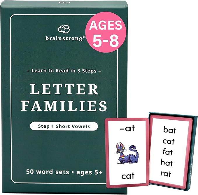 250 Phonics Words - Step 1 - Short Vowels | Learn to Read Kinder/1st Grade | Ages 5-7 | Brainstrong Letter Families Premium 50 Flashcards