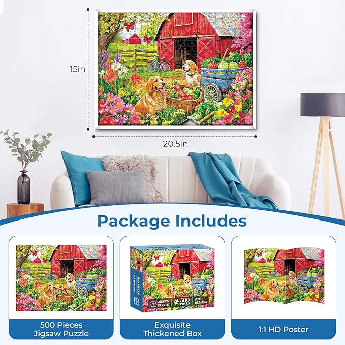 Puzzles for Adults 500 Pieces,Spring Farm Vegetable Theme Puzzle for Adults,500 Pieces Cute Golden Retriever Jigsaw Puzzles for Kids Seniors,Challenging Family Games & Holiday Party Gifts,20.5x15 in