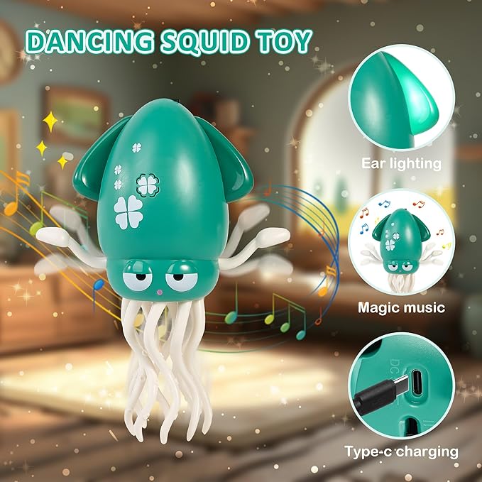 Magical Dancing Octopus Toy with LED Lights and Music, USB Rechargeable Tummy Time Toys, Automatic Dodging Crawling Toys, Suitable As a Birthday Gift for Children Aged 3 and Above (Green)