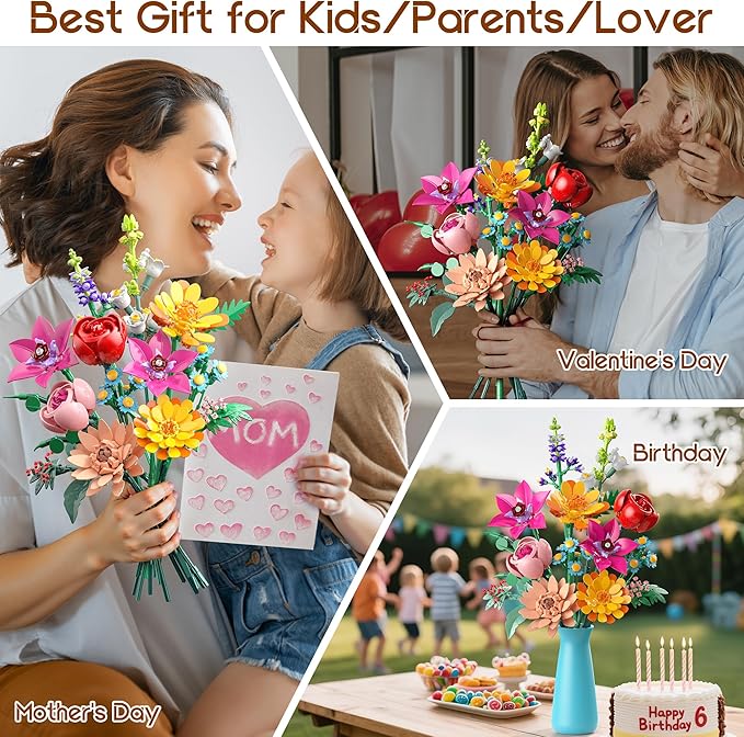 Flowers Bouquet Building Set, 887 Pcs with Flower Artificial Roses for Home Office Decoration, Gift for Mother's Day, Valentine's Day and Kids 6+/Adults Birthday