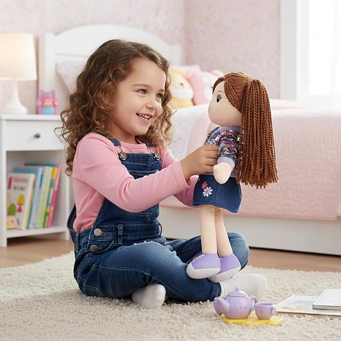 June Garden 18" Snuggle Cutie Sophie Glam - Soft Cuddly Plush Doll Gift for Girls - Huggable Rag Doll - Trendy Outfit L