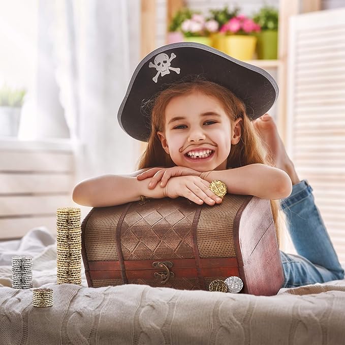 Large Pirate Coins - 102 Bronze, Silver & Gold Treasure Coin Set - Metal Replica Spanish Doubloons for for Pirate Party Decorations & Favors, Tokens, Cosplay - Pirate Treasure Chest - M, L, XL Sizes