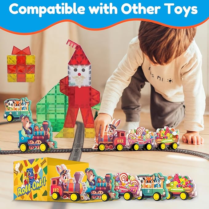 Oriate Rolling Magnet Train Set for Magnetic Tiles, 5pcs Magnet Tiles Toy Train for Road Magnetic Tiles, Free Wheel Animal Vehicles for City Magnetic, Kids Christmas Town Magnetic Tile Accessory