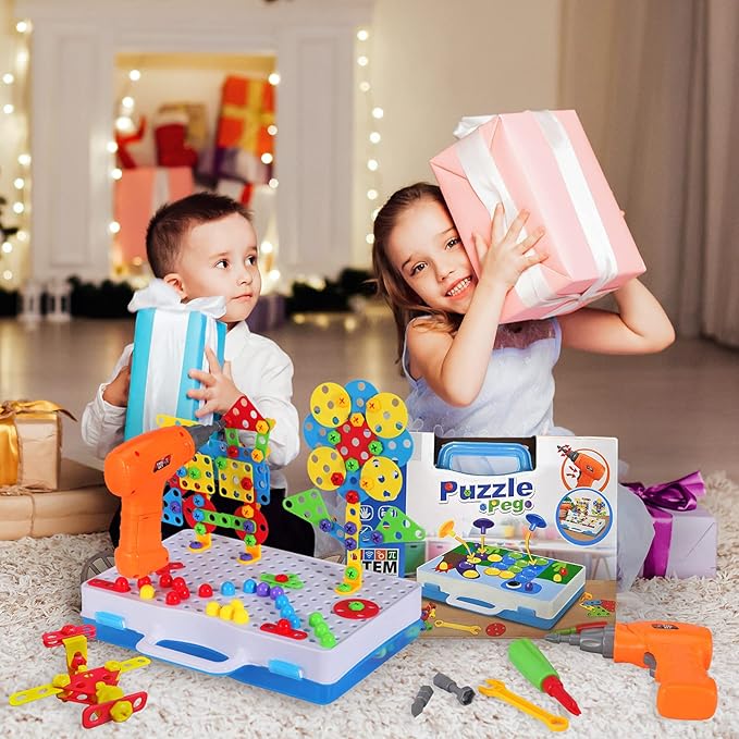 STEM Building Toys for Kids Ages 4-8 | 224-Piece STEM Drill & Build Kit with Screwdriver, Pegboard | Educational Toys for 5+ Year Old Boys Girls | Gift for Birthdays