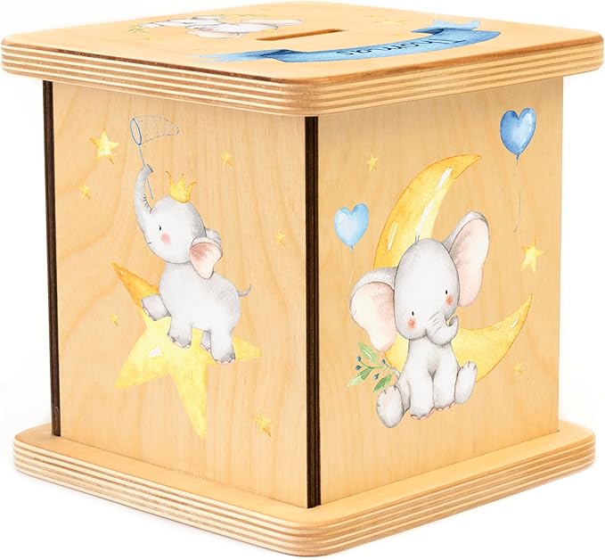 Wooden Piggy Bank for Kids and Adults, Personalized Gift Handmade in USA by BloomOwl, Custom Piggy Bank, Personalized Banks for Kids, Gifts for Baby Boys and Girls (Elephant- Blue)