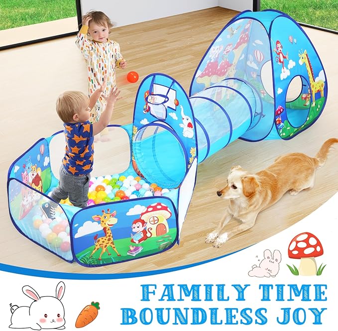 PigPigPen 3 in 1 Kids Play Tent with Tunnel and Ball Pit for Boys Girls, Toddler Pop Up Playhouse Toy for Indoor Outdoor (Jungle 3pc Play Tent)