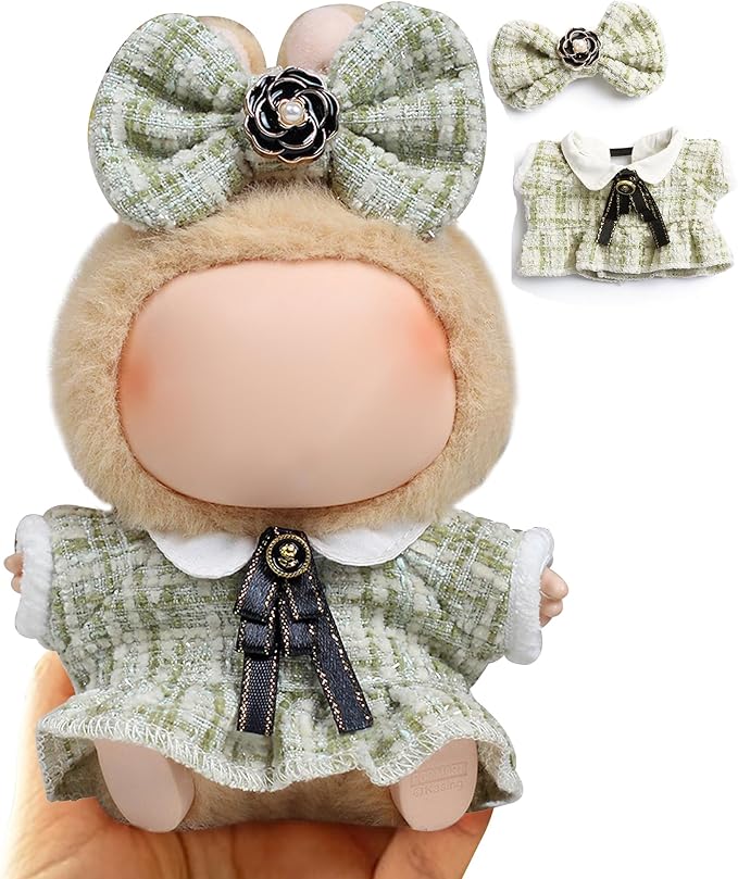 17cm Doll Clothes for Labubu- Luxury Chic Style Set for 17cm Dolls Outfit - Accessories for Dolls Clothes -Green Plaid Tweed Dress + Black Necktie + Green Bow (No Doll)