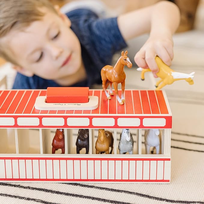 Melissa & Doug Take-Along Show-Horse Stable Play Set with Wooden Stable Box and 8 Toy Horses