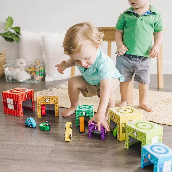 Melissa & Doug Nesting and Sorting Garages and Cars with 7 Graduated Garages and 7 Stackable Wooden Cars - FSC Certified