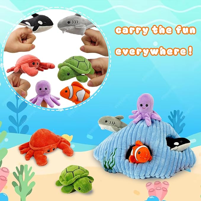 6pcs sea Finger Puppets with a Shell House, Novelty Animals Toys Puppet for Kids, Storytelling Role-Playing Plush Finger Puppets Gifts for Boys and Girls
