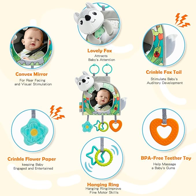 Car Seat Toy, Baby Car Mirror Toy for Rear Facing, Travel Baby Activity Center with Hanging Engaging Toys for Infants Babies 0-6-12-18 Months Boy Girl