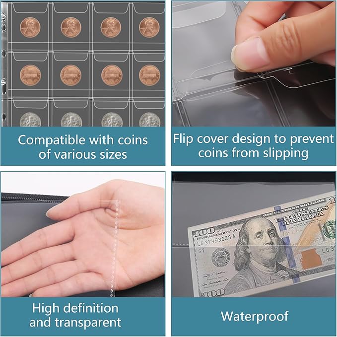 Coin Collection Book, Coin Holders for Collectors, 300 Pockets Fireproof Coins Album and 36 Paper Currency Binder Sleeves, Currency Organizer for Bill, Pennies, Stamp