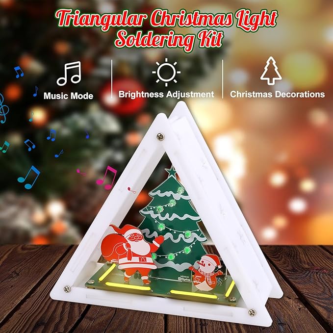 Christmas Soldering Project, Christmas Tree Soldering Kit With Triangular Acrylic Shell DIY LED Xmas Tree Santa Claus Snowman With Music Electronics Kit for Decoration Creative Present