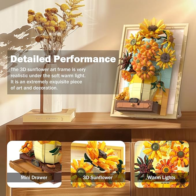 NUTCRACKER Sunflower Flower Building Set with Sensor Light, 3D Sunflower Van Gogh Painting Frame Wall Art Crafts for Home Office Decor, Easter Birthday Gift for Adult Girls 14+ (1166 Pieces)