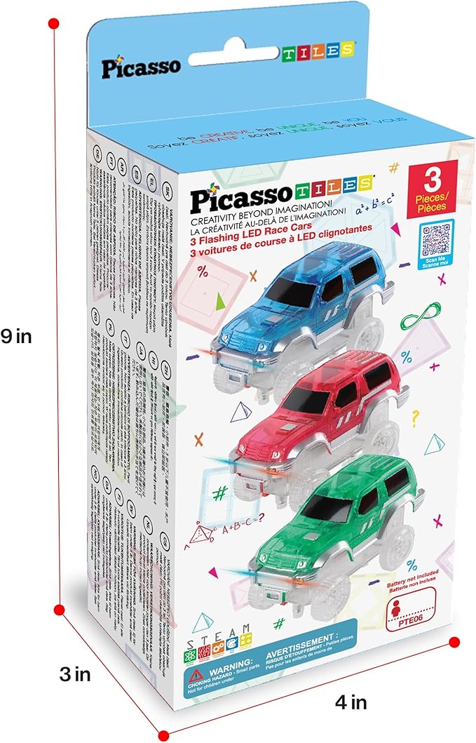 PicassoTiles 3 Magnetic Toy Cars Set Light Up LED Highly Detailed Compatible with Magnet Car Race Track STEM Truck Replacement Accessories Educational Building Kits for Toddlers Boys & Girls Ages 3+