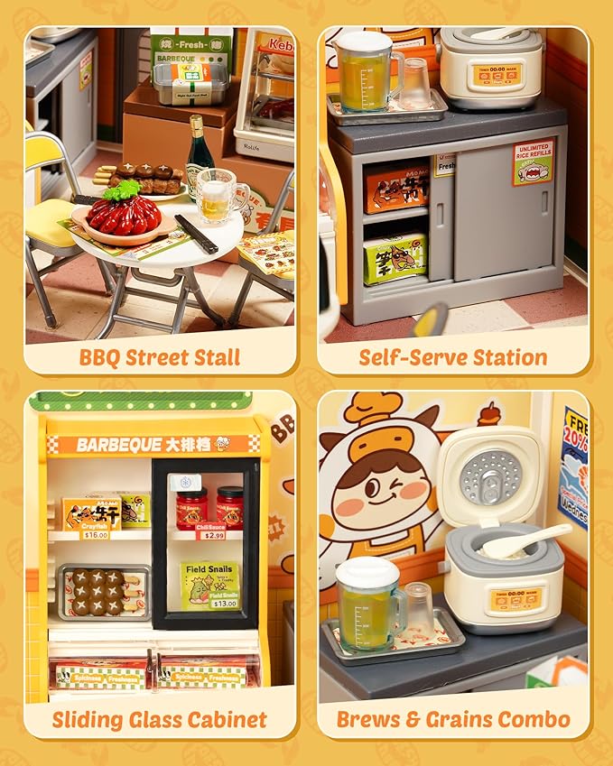 Rolife Super Creator Series, DIY Mini Night Out Food Stall Dollhouse House Kit, Bulid Scenary for Action Collectible Figures, Creative Gifts for Women Adults