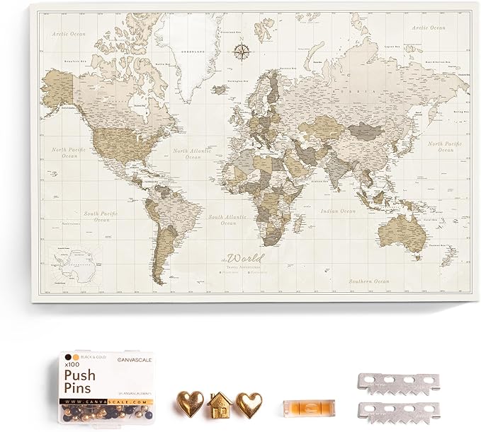 Canvas World Map with Cork Pin Board - English Lettering - Decorative Wall Decoration for All Rooms - Canvas Pictures with World Map Motif (120x80 cm, Pattern 8)