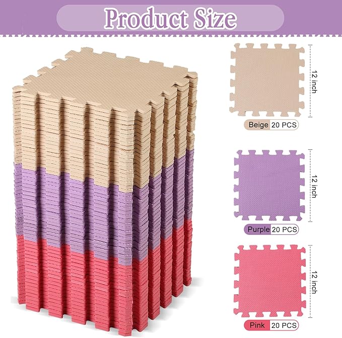 Nuanchu 60 Pcs Kids Foam Puzzle Floor Mat Bulk Solid Color Foam Play Mat with Borders Interlocking Multi Use Floor Rug for Baby Toddler Children 12 Inch (Pink, Beige, Purple)
