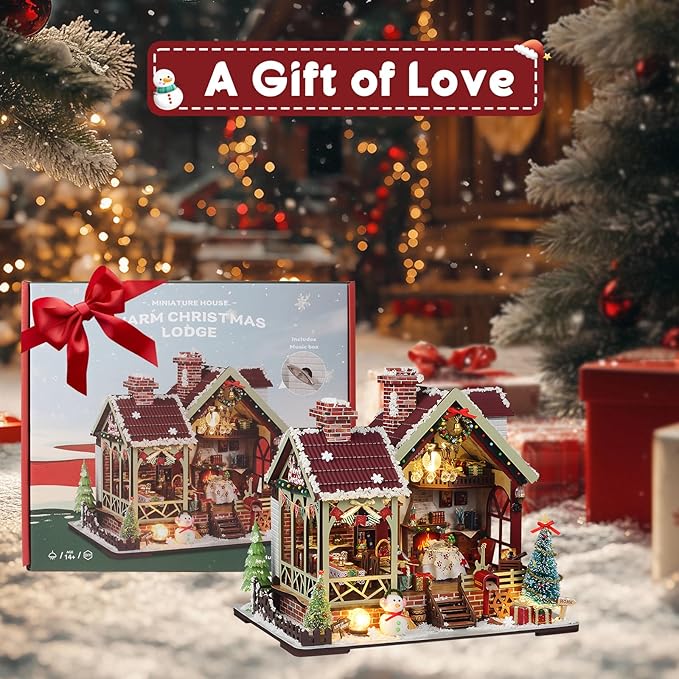 Christmas Miniature Dollhouse Kit, DIY Miniature House Kits for Adults, Mini Model Building Sets with Furniture, Snowman and Christmas Tree, Wooden House Kit Decoration Gift