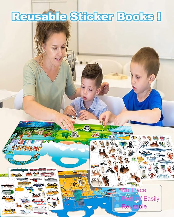 2pack Reusable Sticker Books for Kids 2-4,Vehicle Cars & Animals 3D Jelly Stickers Activity Busy Book for Toddlers Boys Girls Road Trip Airplane Train Car Travel Essentials Toy - 112pcs Stickers