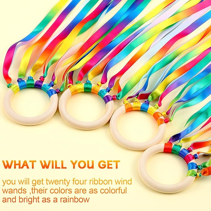 Junkin Ribbon Rings Hand Kite Waldorf Toys Dancing Wrist Ribbons Rainbow Streamers with Wood Ring Educational Toy for Playroom Dancing Birthday Party Gift(Gradient,24 Pcs)