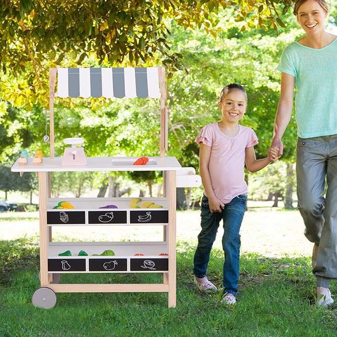 Costzon Kids Pretend Play Grocery Store, Wooden Ice Cream Cart Toy Set for Kids with Ice Cream Making Counter, Scale, Bell, Display Shelves, Blackboard, Canopy, Wheels, Gift for Toddlers (White)