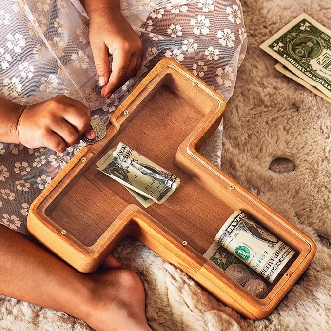 Personalized Wooden Piggy Bank – Custom Letter T Coin Bank in Beech Wood with Clear Acrylic Front, Engraved Name Option, Money Saving Box for Kids and Adults