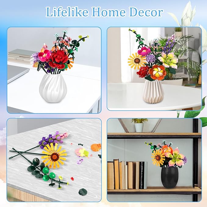 Flowers Bouquet Building Toy, Flower Botanical Collection Building Set for Kids, Girls, Women - Office, Home Decor Gift for Mother's Day, Valentine's Day, Birthday, Christmas - 845PCS