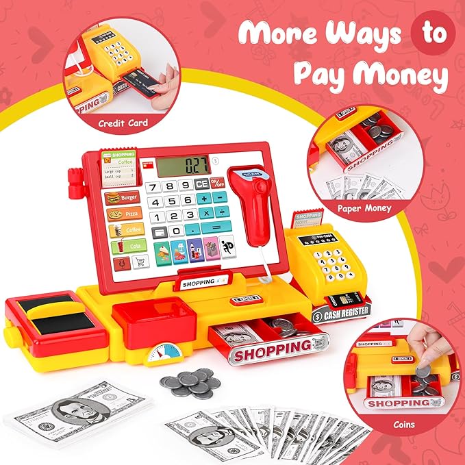 Cash Register for Kids with Scanner Realistic, Pretend Play Toy Cash Register with Fast Food/Fake Money/Credit Card/Calculator/Microphone Gift Ideas for Toddlers Girls Boys 3-5 4-8, Yellow