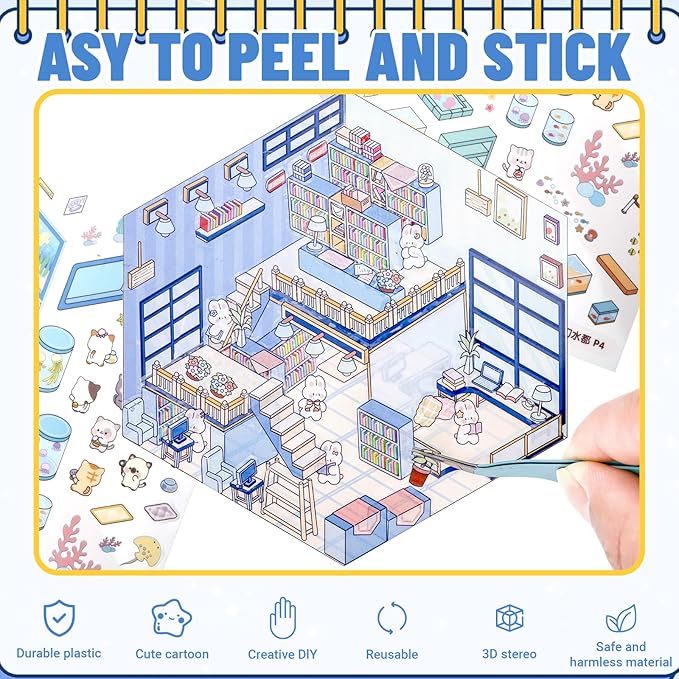 20 Sets DIY 3D Sticker Scene Book,Cute Cartoon Animal Isometric Scene,DIY 3D House Stickers Set,Sticker Therapy for Adults Kids,Conduce to Relief Stress Pass The Time,Christmas Gifts for Kids