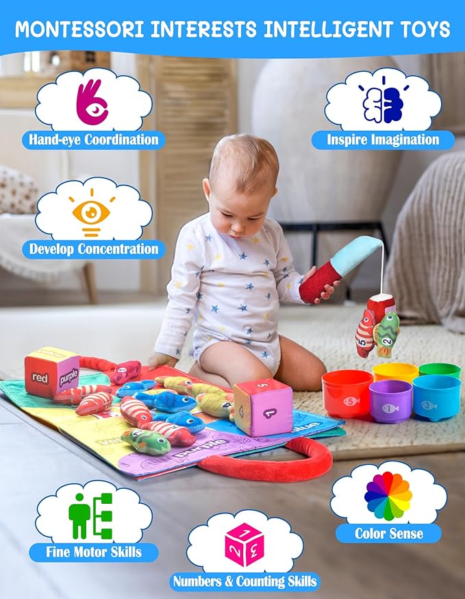 Montessori Toys for 1 Year Old, Cloth Fishing Game with Stacking Cups 24 Pcs for Toddlers 1 2 3, Sensory Toys for Kids Baby Shower Birthday Easter Gifts for 6-12 Months Girls Boys