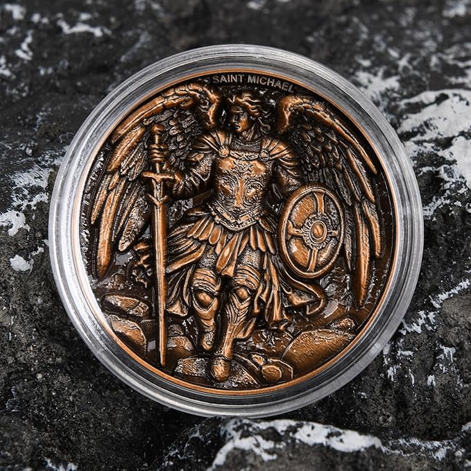 5Pcs Saint Michael Archangel Protection Coin, 1.57-Inch Double-Sided Zinc Alloy Collectible with Antique Finish, Featuring Saint Michael Prayer Christian Challenge Coin (Pack of 5)